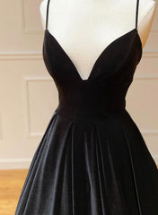 Bridesmaid Dress Style, Black A-Line Velvet Long Prom Dresses, Black Evening Dresses