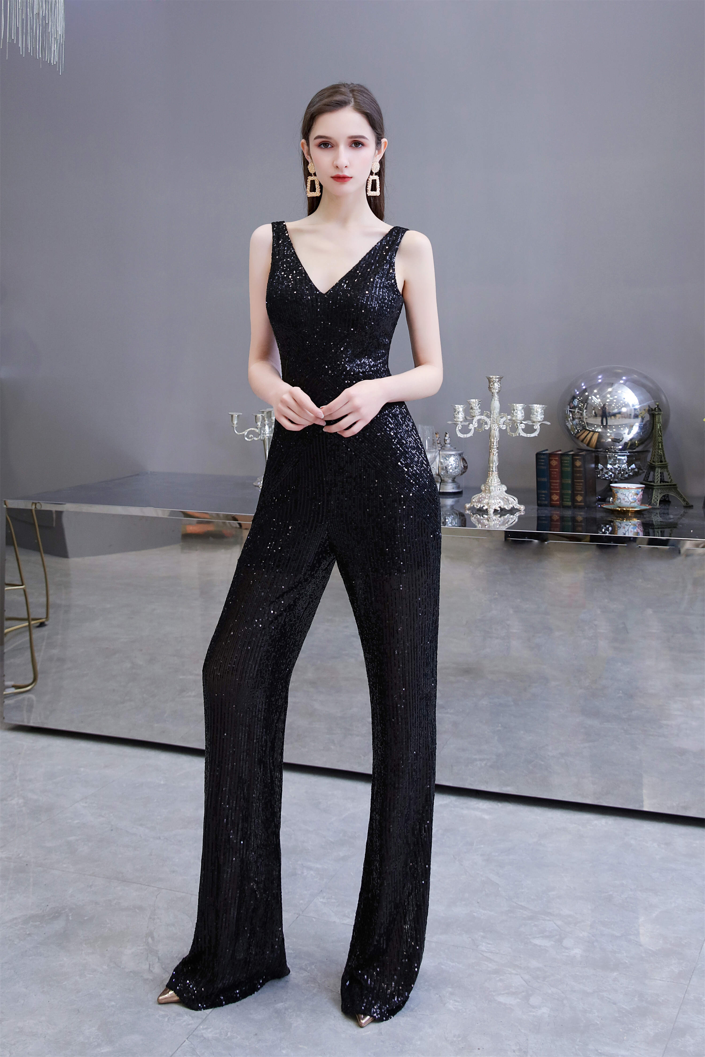 Dream, Shining V-neck Sequin Sleeveless Prom Jumpsuit