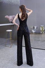 Vintage Dress, Shining V-neck Sequin Sleeveless Prom Jumpsuit