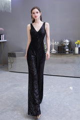 Classy Prom Dress, Shining V-neck Sequin Sleeveless Prom Jumpsuit