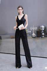 Short Dress, Shining V-neck Sequin Sleeveless Prom Jumpsuit