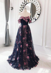 Bridesmaid Dress Spring, Black Lace Long A-Line Prom Dresses, Black Evening Dresses