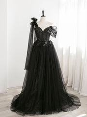 Bridesmaid Dress Modest, Black A line one Shoulder Tulle Long Prom Dresses, Black Tulle Formal Dresses