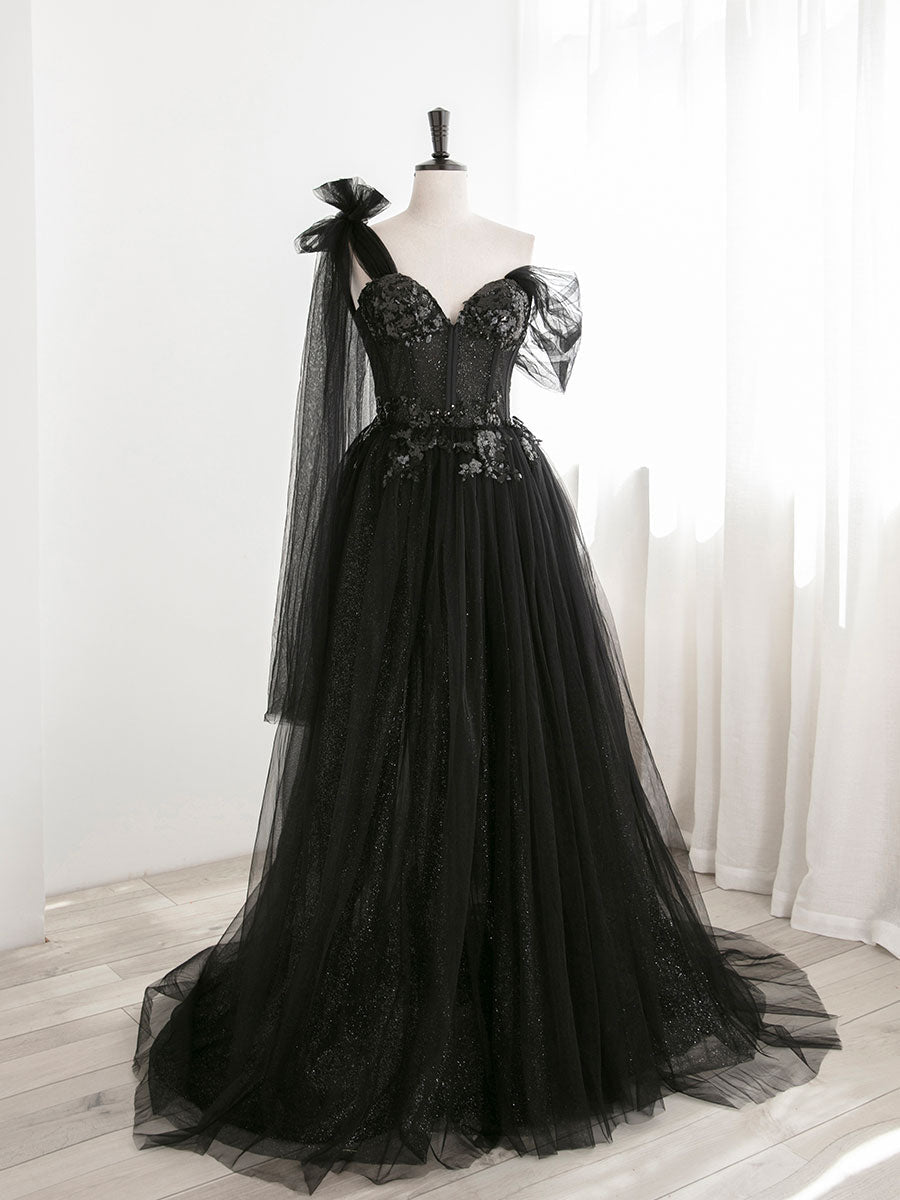 Bridesmaids Dress Modest, Black A line one Shoulder Tulle Long Prom Dresses, Black Tulle Formal Dresses