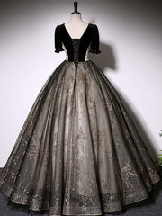 Evening Dresses Stores, Black A-Line Tulle Lace Long Prom Dress, Black Lace Formal Dress