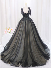 Prom Dresses Blue, Black A-Line Tulle Long Prom Dresses, Black Tulle Formal Evening Dress