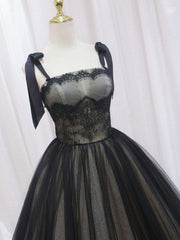 Prom Dresses Fitted, Black A-Line Tulle Long Prom Dresses, Black Tulle Formal Evening Dress