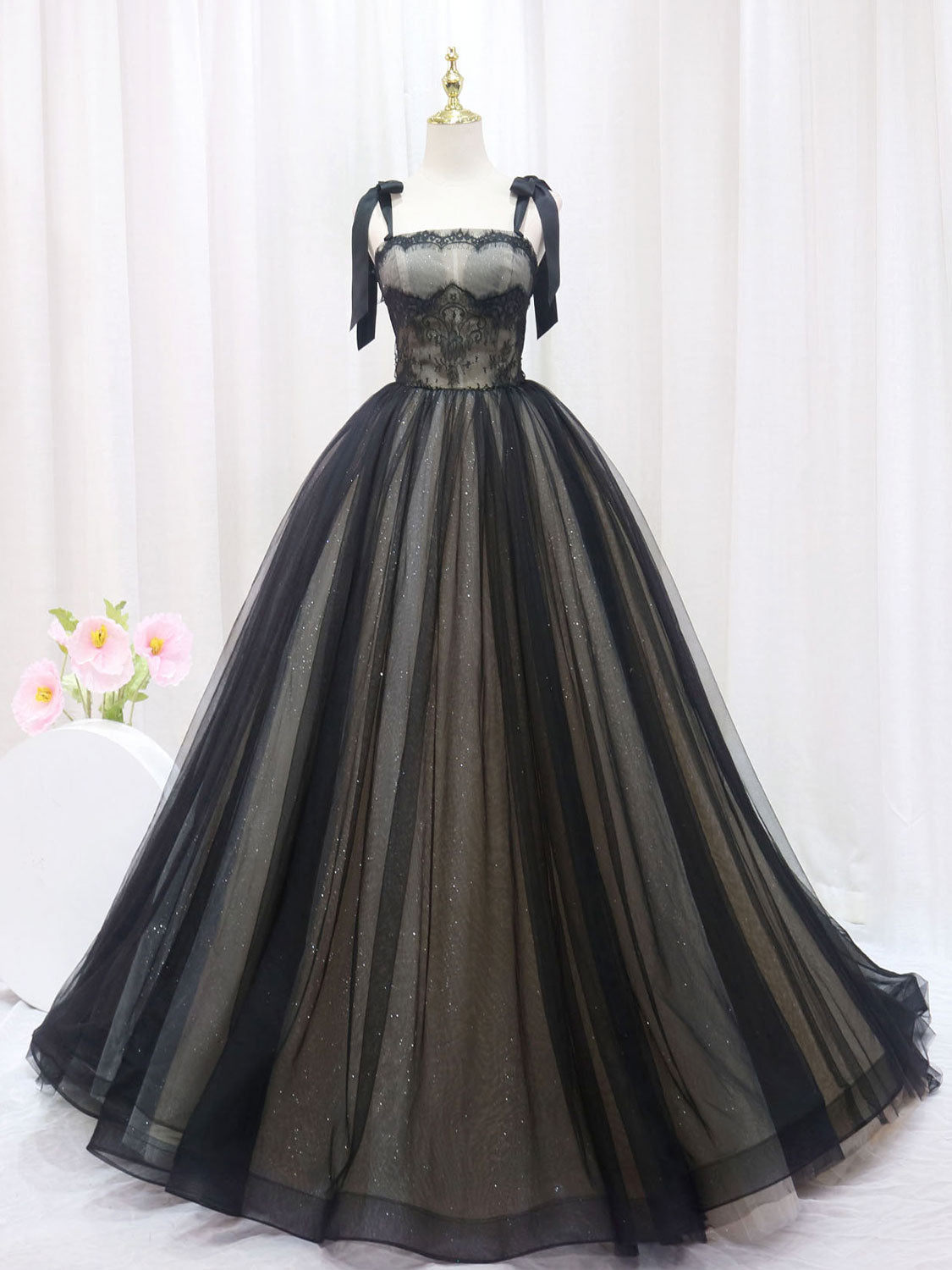 Prom Dresses With Sleeves, Black A-Line Tulle Long Prom Dresses, Black Tulle Formal Evening Dress