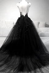 Party Dress Large Size, Black A-line Tulle with Lace Long Party Dress, Black Formal Dress Prom Dress