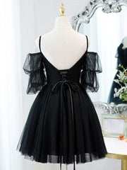 Bridesmaid Dresses Blush Pink, Black A line V Neck Lace Short/Mini Prom Dress, Black Puffy Homecoming Dresses