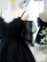 Elegant Wedding Dress, Black A line V Neck Lace Short/Mini Prom Dress, Black Puffy Homecoming Dresses