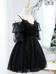 Bachelorette Party Theme, Black A line V Neck Lace Short/Mini Prom Dress, Black Puffy Homecoming Dresses