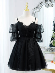 Bridesmaid Dress Blush Pink, Black A line V Neck Lace Short/Mini Prom Dress, Black Puffy Homecoming Dresses