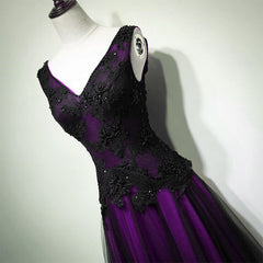 Party Dress Ideas For Winter, Black and Purple V-neckline A-line Prom Dress, Tulle with Lace Party Dress
