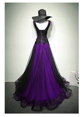 Party Dress Christmas, Black and Purple V-neckline A-line Prom Dress, Tulle with Lace Party Dress