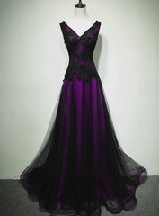 Party Dresses For 21 Year Olds, Black and Purple V-neckline A-line Prom Dress, Tulle with Lace Party Dress