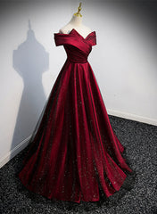 Formal Dress Shop, Black and Red Satin Off Shoulder Long Junior Prom Dress, A-line Satin Party Dress
