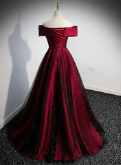 Formal Dress Shops, Black and Red Satin Off Shoulder Long Junior Prom Dress, A-line Satin Party Dress