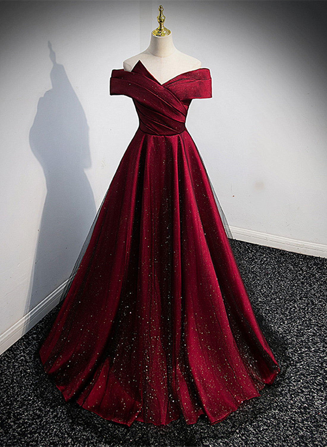 Formal Dress On Sale, Black and Red Satin Off Shoulder Long Junior Prom Dress, A-line Satin Party Dress