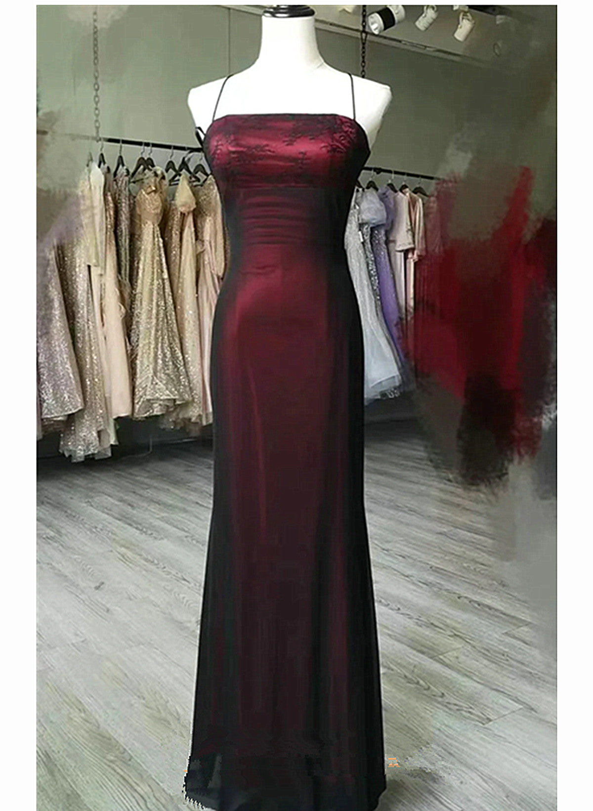 Bridesmaids Dress Blue, Black and Red Square Neckline Party Dress, Black and Red Long Prom Dress