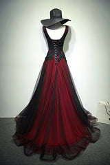 Bridesmaid Dresses Colorful, Black and Red V-Neck Tulle Long Prom Dress, Lace Evening Dress