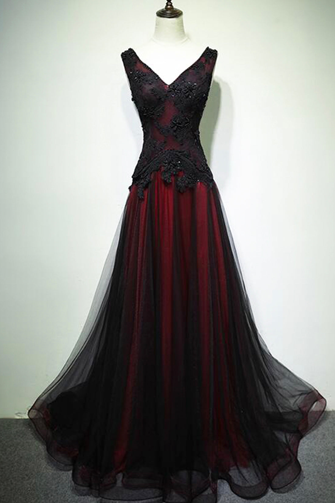 Bridesmaid Dresses Colors, Black and Red V-Neck Tulle Long Prom Dress, Lace Evening Dress