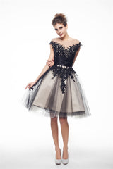 Party Dress For Girls, Black and White Lace Short Homecoming Dresses