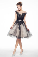 Party Dresses Long Sleeve, Black and White Lace Short Homecoming Dresses