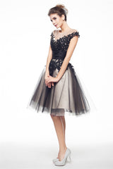 Party Dresses Long Sleeved, Black and White Lace Short Homecoming Dresses