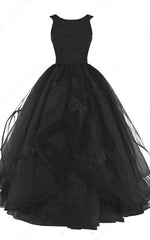 Off Shoulder Dress, Black Ball Gown Scoop Neck Organza Sleeveless Beading Long Prom Dress