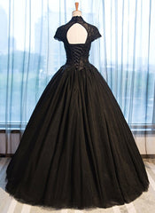 Party Dresses For Christmas, Black Cap Sleeves Long Tulle Party Dress, Black Prom Dress