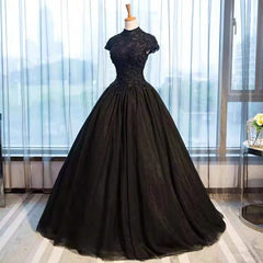 Party Dress For Christmas, Black Cap Sleeves Long Tulle Party Dress, Black Prom Dress