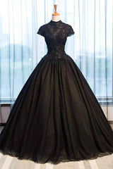 Party Dress Name, Black Cap Sleeves Long Tulle Party Dress, Black Prom Dress