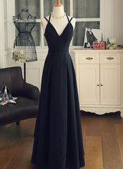 Prom Dresses Gowns, Black Chiffon Straps Long A-line Junior Prom Dress, Black Party Gowns