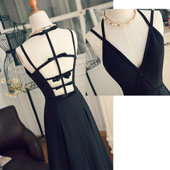 Prom Dress Gowns, Black Chiffon Straps Long A-line Junior Prom Dress, Black Party Gowns