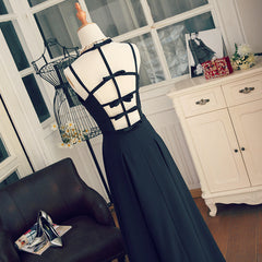 Prom Dresses For Short Girls, Black Chiffon Straps Long A-line Junior Prom Dress, Black Party Gowns
