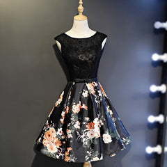 Bridesmaid Dresses Gowns, Black Floral Satin and Lace Round Neckline Short Party Dress Prom Dress, Black Homecoming Dresses