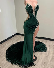 Party Dress Black And Gold, Black Girl Prom Dresses Long Mermaid Green Prom Gown With Train