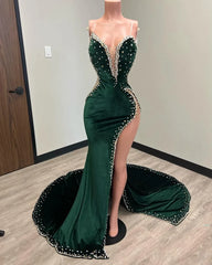 Party Dresses Black And Gold, Black Girl Prom Dresses Long Mermaid Green Prom Gown With Train
