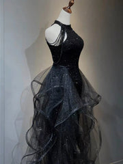 Party Dress Designer, Black Halter Tulle Layers Long Prom Dress with Sequins, Black Party Dress