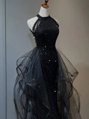Party Dresses Designs, Black Halter Tulle Layers Long Prom Dress with Sequins, Black Party Dress