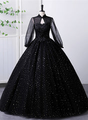 Long Sleeve Wedding Dress, Black High Neckline Long Sleeves Tulle Sweet 16 Dress, Black Ball Gown Formal Dress