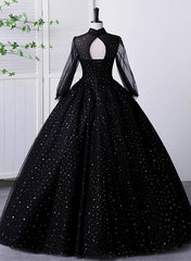 Bridesmaid Dress Dusty Blue, Black High Neckline Long Sleeves Tulle Sweet 16 Dress, Black Ball Gown Formal Dress