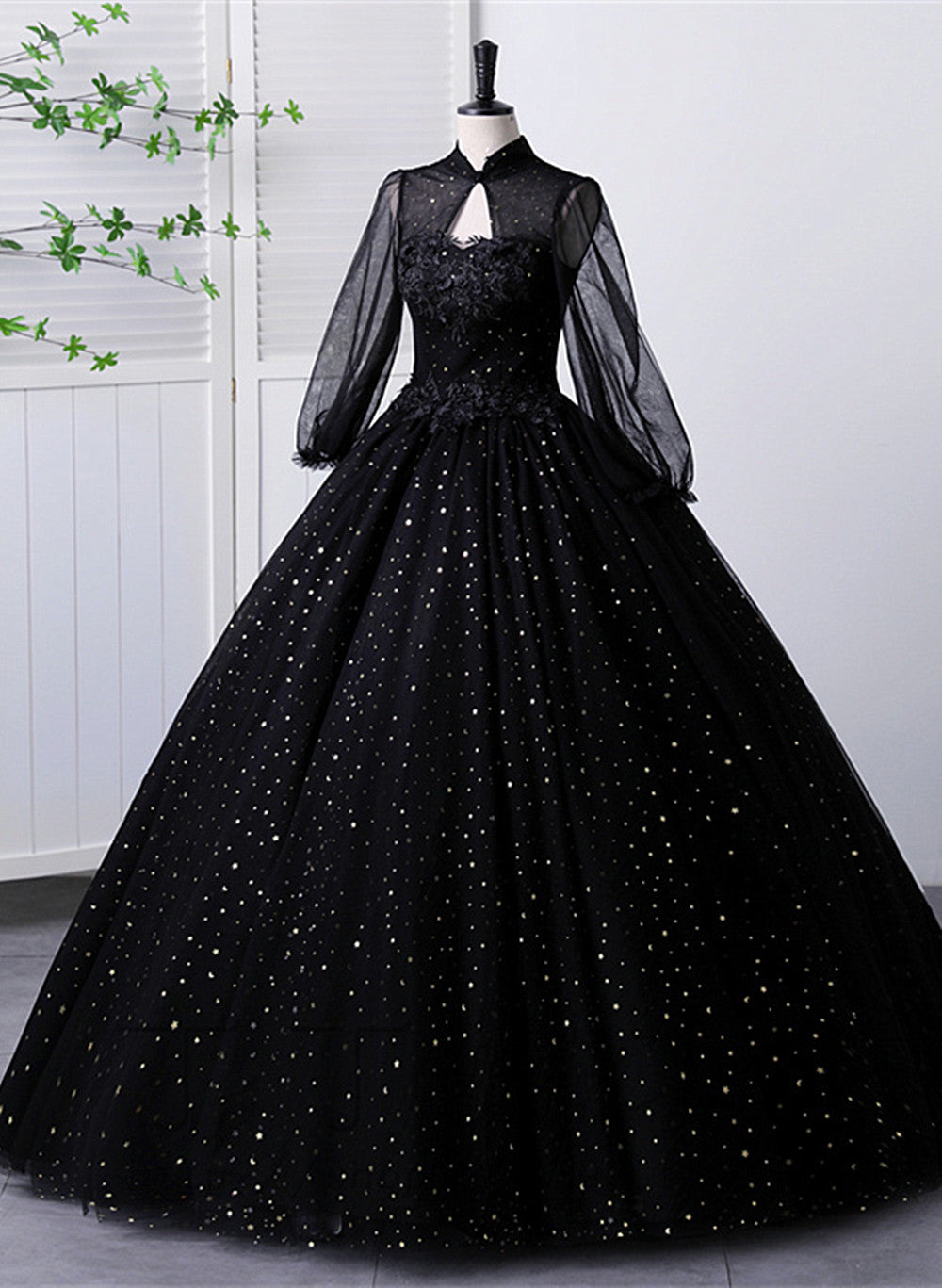 Bridesmaid Dresses Purple, Black High Neckline Long Sleeves Tulle Sweet 16 Dress, Black Ball Gown Formal Dress