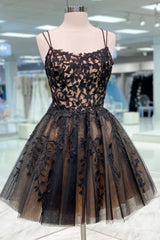 Bridesmaid Dress Outdoor Wedding, Black Lace Short Prom Dress, Cute A-Line Homecoming Party Dress