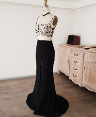 Homecoming Dresses Silk, Black Lace Two Pieces Long Prom Dress, Black Evening Dress with Lace Beading