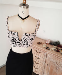 Homecoming Dresses Tight, Black Lace Two Pieces Long Prom Dress, Black Evening Dress with Lace Beading