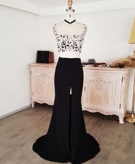 Homecoming Dresses Laces, Black Lace Two Pieces Long Prom Dress, Black Evening Dress with Lace Beading