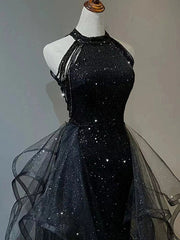 Party Dresses Europe, Black Long Mermaid Halter Sequined Tulle Formal Prom Dresses