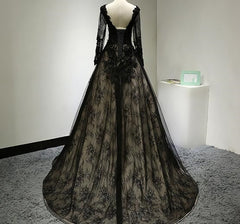 Formals Dresses Short, Black Long Sleeves Lace Prom Dress, Black Evening Gown